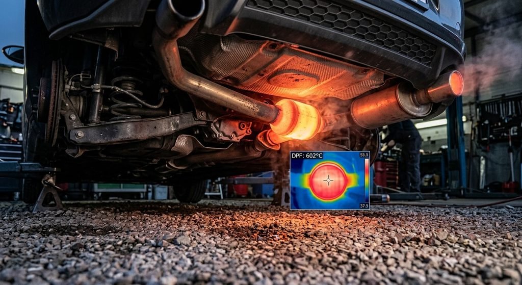 Filtre à particules sous la voiture chauffé à 600 degrés pendant le cycle de régénération.