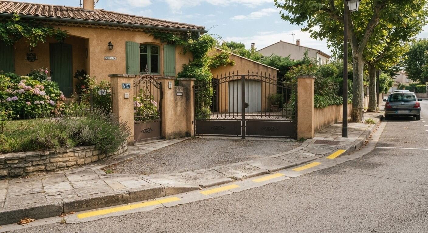 Ligne jaune discontinue peinte sur la bordure de trottoir devant un portail de maison individuelle.