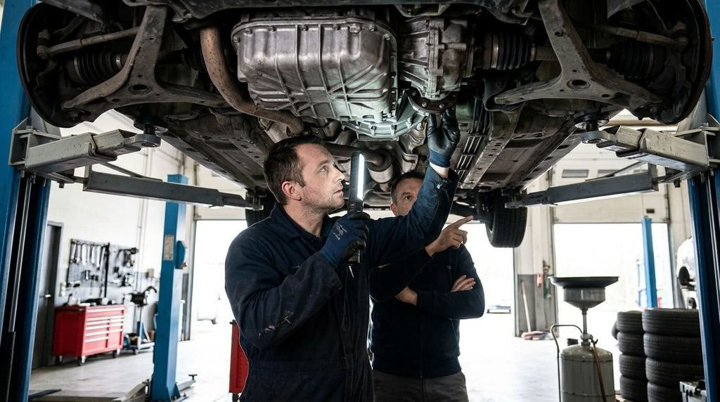 Examen sous le pont élévateur du carter de boîte de vitesses et du différentiel de transmission.