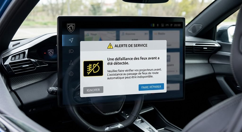 Défaut réglage automatique des projecteurs sur Peugeot 308 : diagnostic et solutions 3 Alerte de service affichée sur l'écran tactile Peugeot signalant une défaillance des feux avant.
