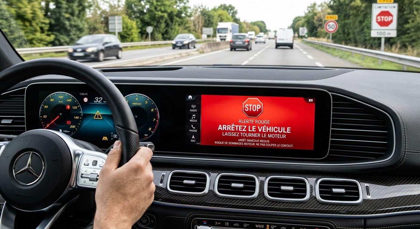 Alerte rouge sur l'écran central Mercedes demandant d'arrêter le véhicule et de laisser tourner le moteur.