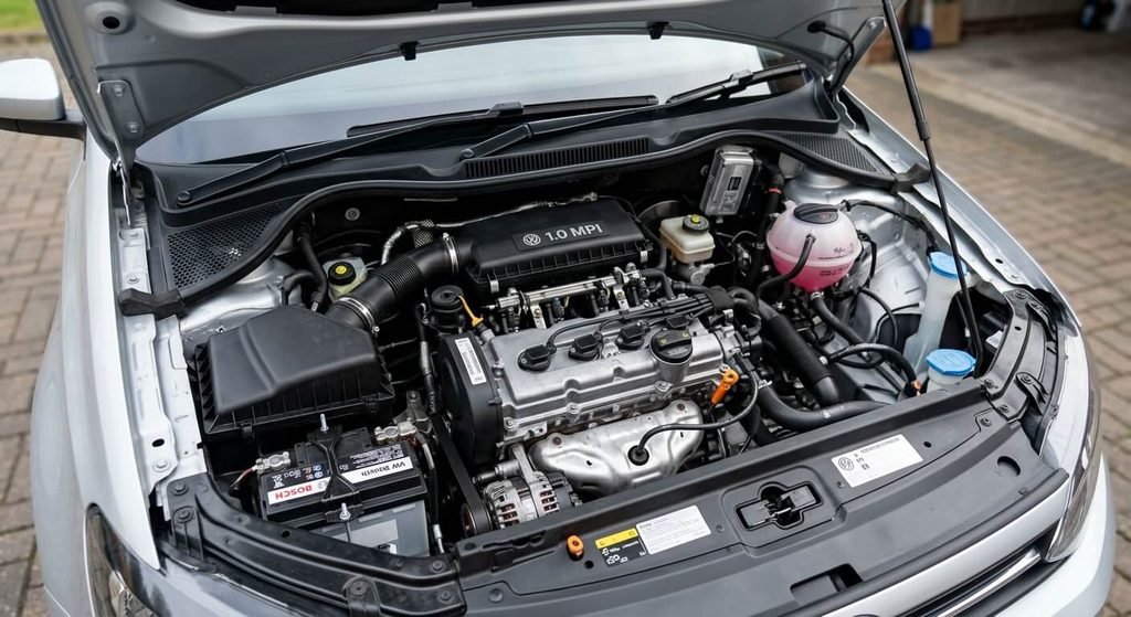 Moteur MPI : définition, fonctionnement et différence avec l'injection directe 4 Bloc moteur essence MPI sous le capot d'une citadine Volkswagen Polo.