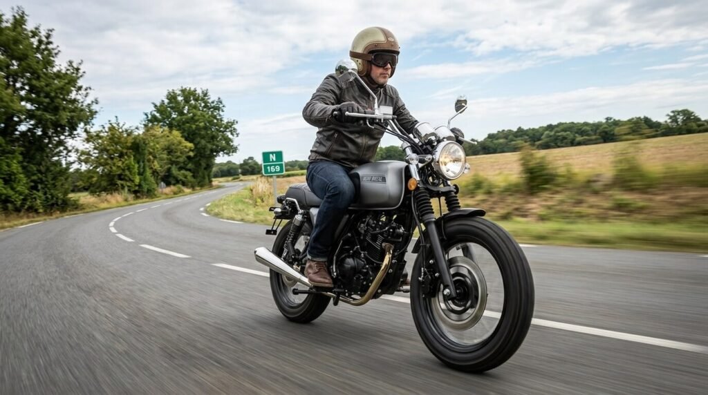 Moto Orcal Sirio 125 scrambler en train de rouler sur une route nationale.