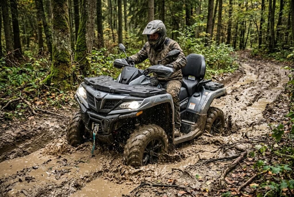 Quad CFMoto 850 avis : fiabilité, points forts et défauts du CForce 850 2 Quad CFMOTO CForce 850 Touring franchissant une ornière boueuse en forêt.