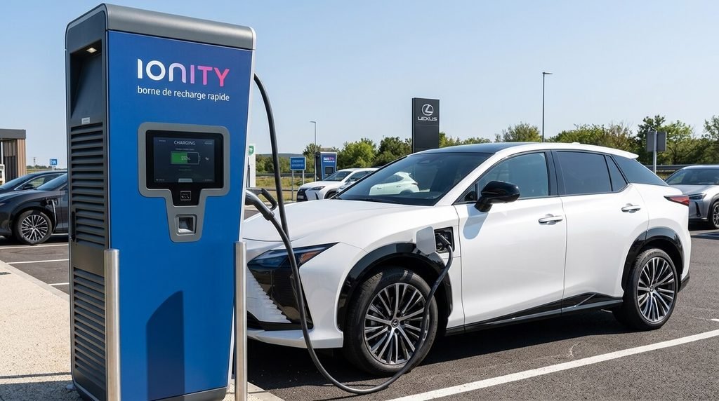 Lexus RZ branché sur une borne de recharge rapide le long d'une aire d'autoroute.