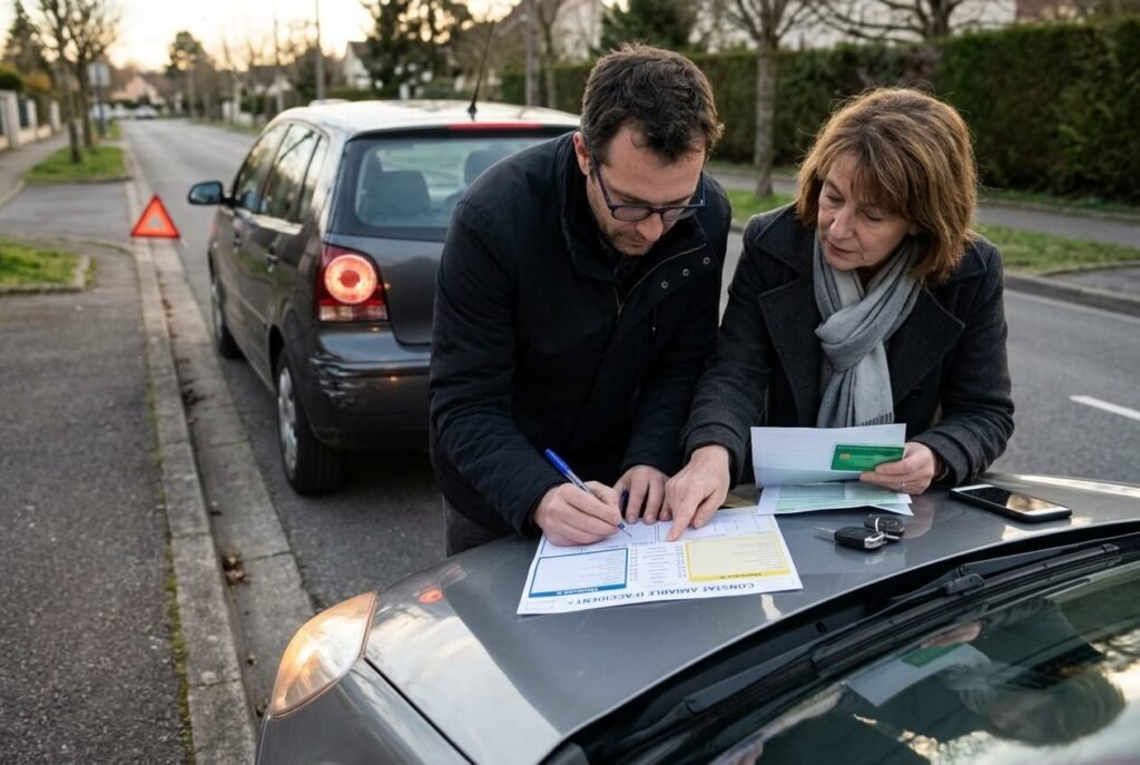 Deux automobilistes complétant ensemble les rubriques d'un constat amiable européen d'accident automobile.