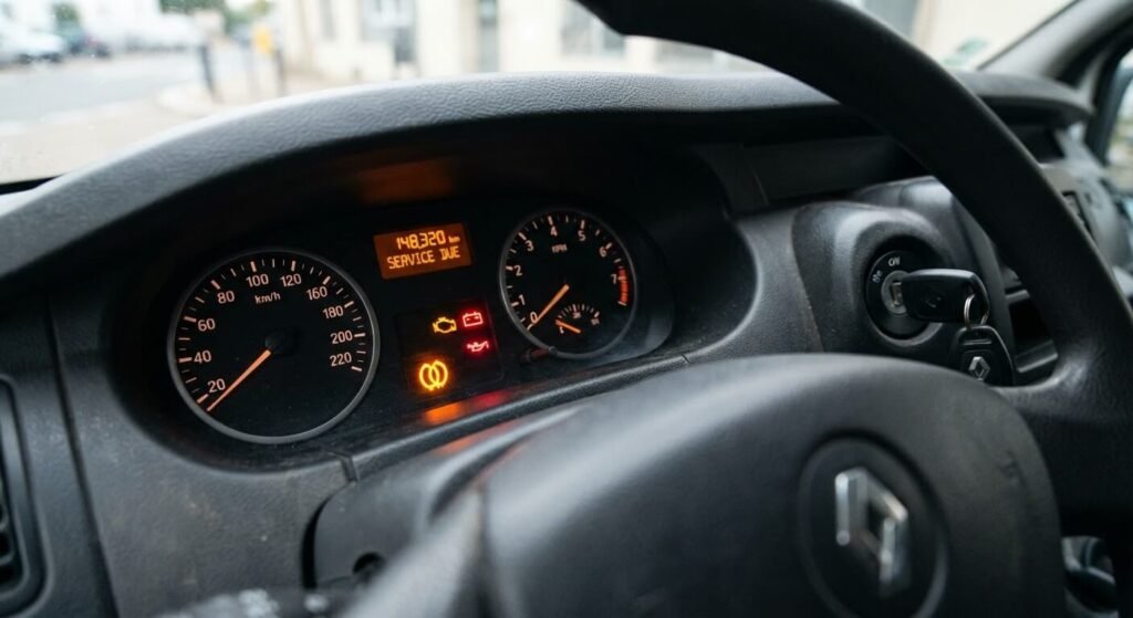 Voyant orange de préchauffage allumé sur le tableau de bord d'un Renault Trafic 2 dCi.
