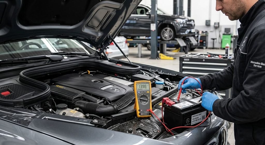 Mesure au voltmètre de la tension de charge de la batterie de démarrage principale Mercedes.