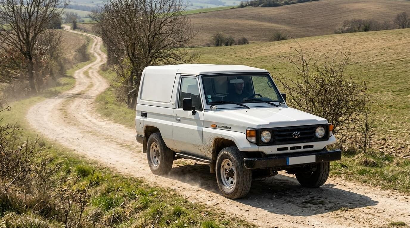 Toyota Land Cruiser LJ 73 bâché blanc avec hard-top sur un chemin de terre.